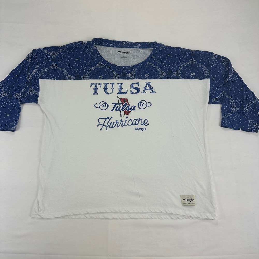 Wrangler Tulsa Hurricane Women's T-Shirt XL White‎ Blue Bandana Raglan Graphic